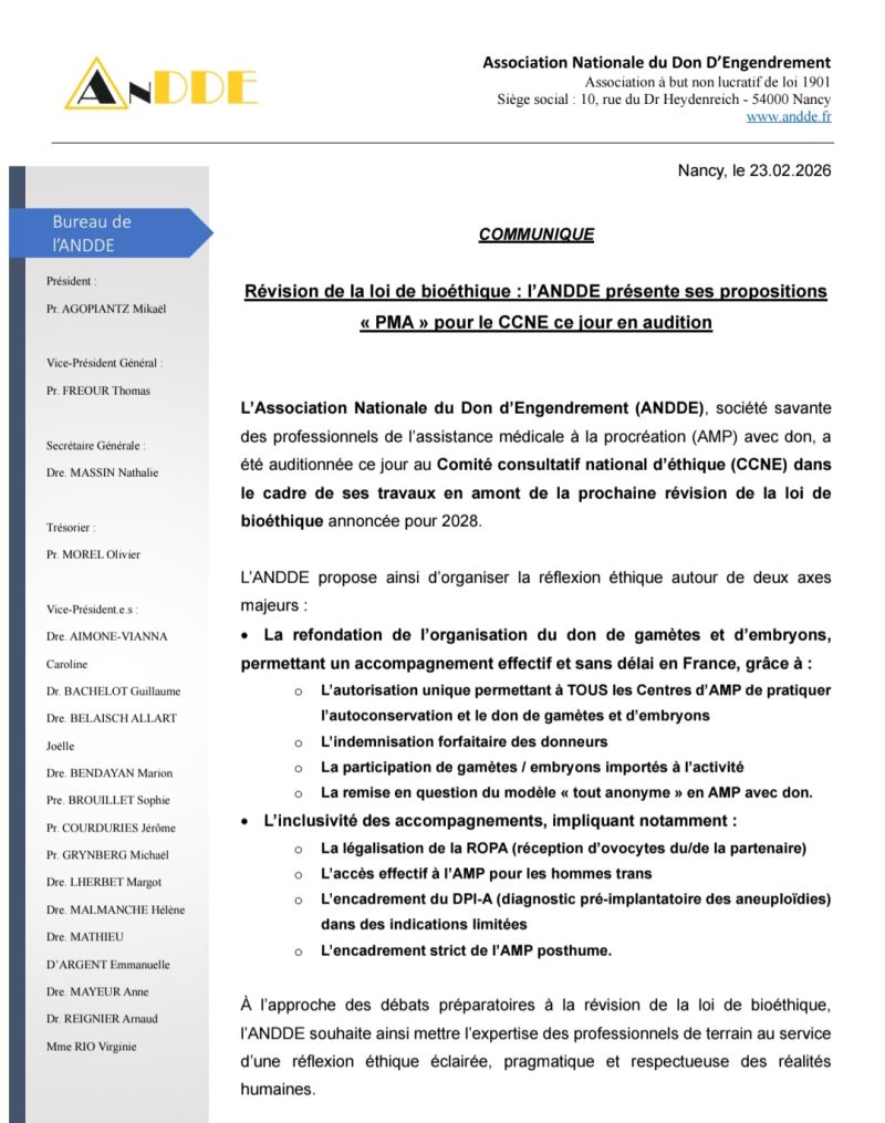 Lundi, l'ANDDE a été auditionnée par le Comité Consultatif National d’Éthique pour les sciences de la vie et de la santé (C.C.N.E.).
Michael Grynberg Mikaël Agopiantz et Hélène Malmanche ont présenté les constats et les propositions de l'ANDDE axés s