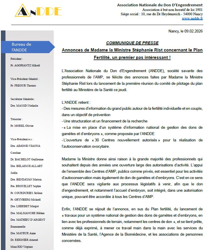 Aujourd'hui, l'ANDDE a communiqué sa réaction concernant les annonces de Mme la Ministre Stéphanie Rist à l'occasion du lancement de la première réunion du comité de pilotage du Plan fertilité.
Il est en effet temps d'améliorer de manière significati