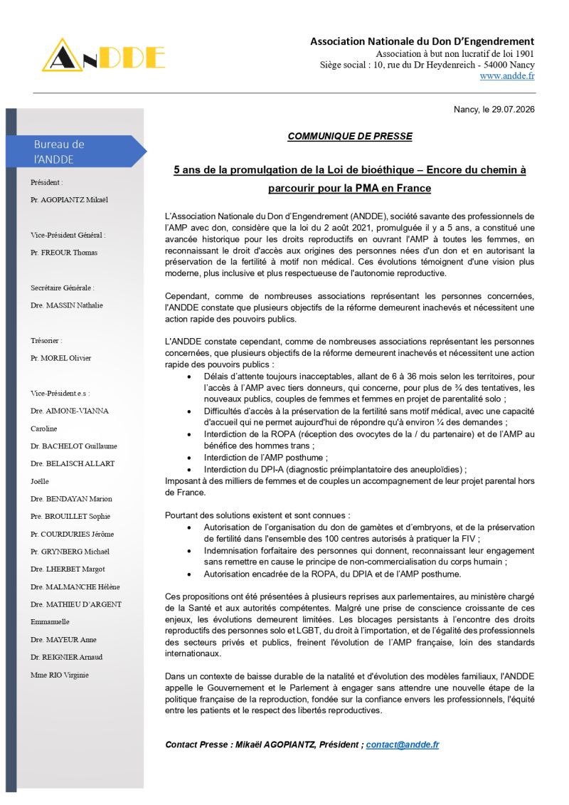 Le 2 août 2021, il y a 5 ans, était promulguée la dernière révision en date de la Loi dite de bioéthique.

L'ANDDE a souhaité faire un bilan des grandes mesures concernant la PMA, notamment la
#PMApourToutes !

Ci-dessous le Communiqué qui résume nos
